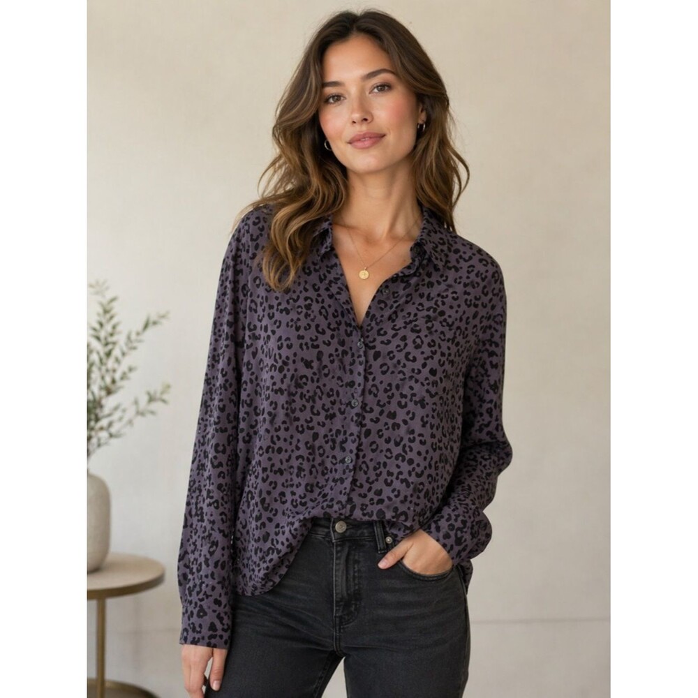 Rails Gray Black 100% Silk Leopard Print Button-Down Shirt‎ Large
